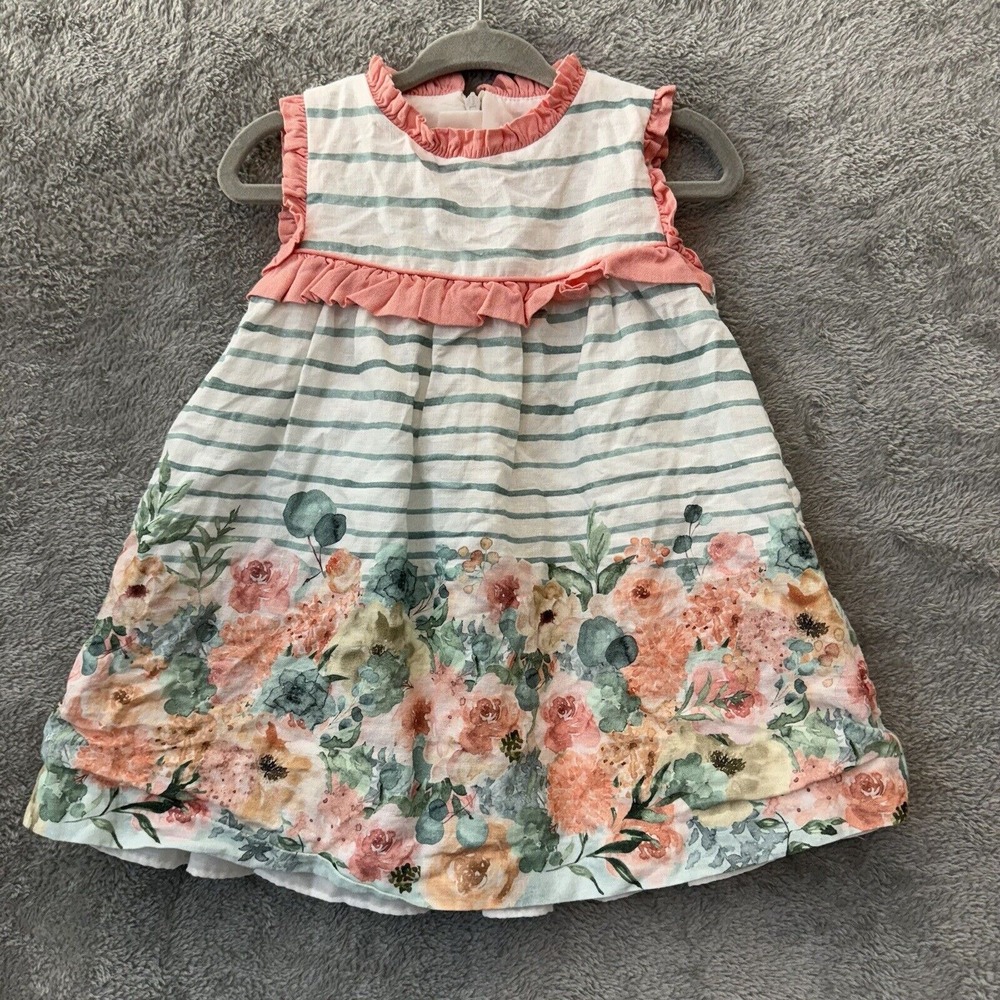 Baby Girl Dress 24M Sleeveless White Green Floral Striped Lined 24-Month - Picture 1 of 9
